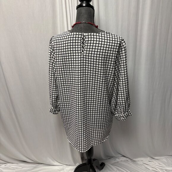 Adrianna Papell Blouse Womens Size Large Black White Windowpane Puff Sleeve Top - Picture 5 of 9